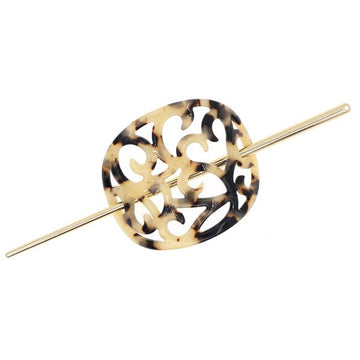 Tan Cellulose Acetate Oval Victorian Pattern Bun Cover and Hair Stick 2-pc Set